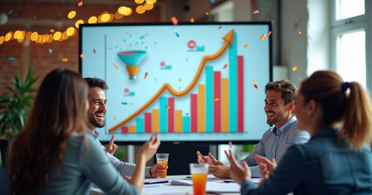 Gráfico subindo e equipe celebrando resultado de vendas 