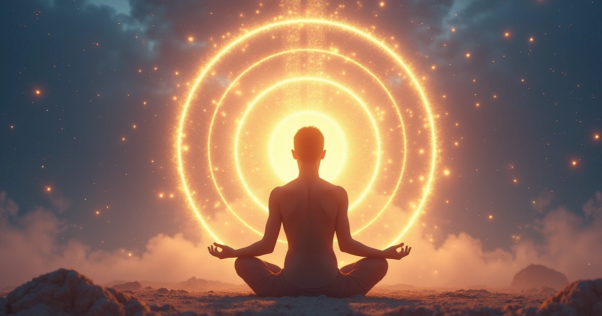 Aura ao redor de uma pessoa em posição meditativa, círculos luminosos, fundo suave e energético, atmosfera de serenidade 