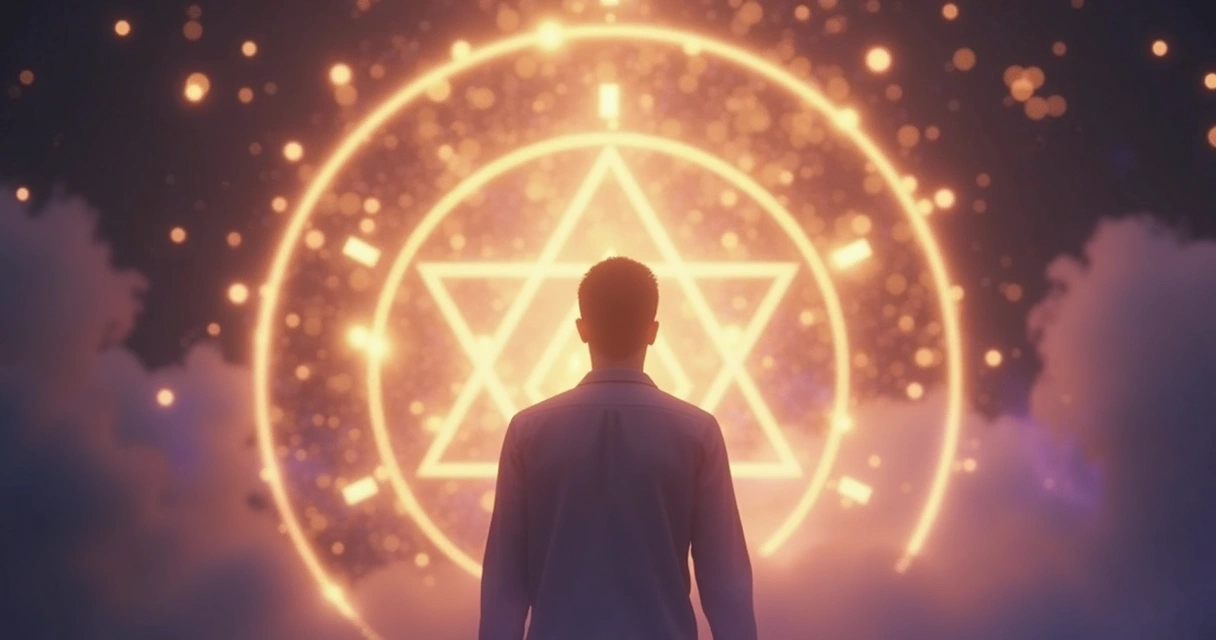 Círculo de luzes ao redor de uma silhueta humana, com tons suaves de lilás e dourado 