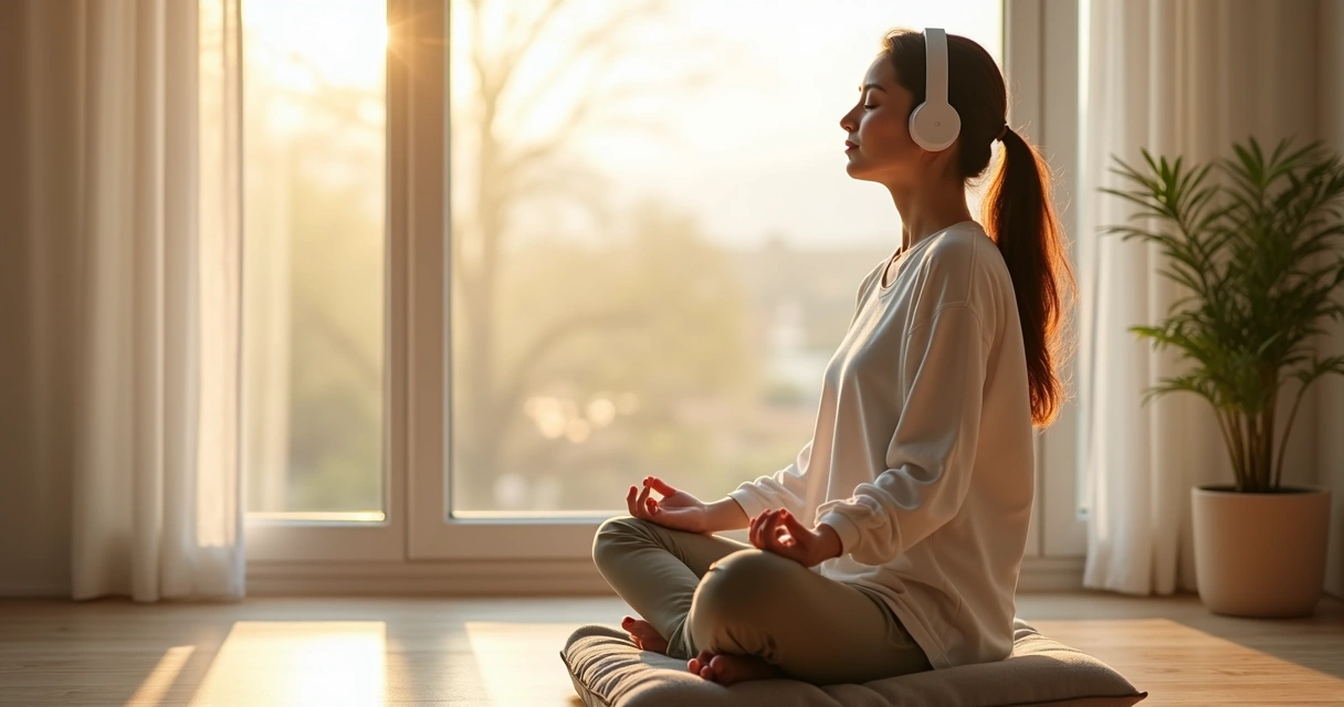 Persona sentada con auriculares respirando en calma junto a una ventana