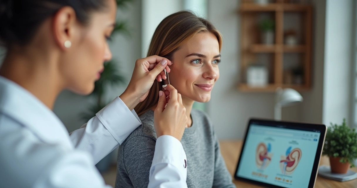 Aplicação de auriculoterapia em consultório moderno 