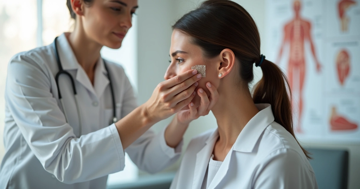 Profissional aplicando auriculoterapia em paciente durante consulta clínica 
