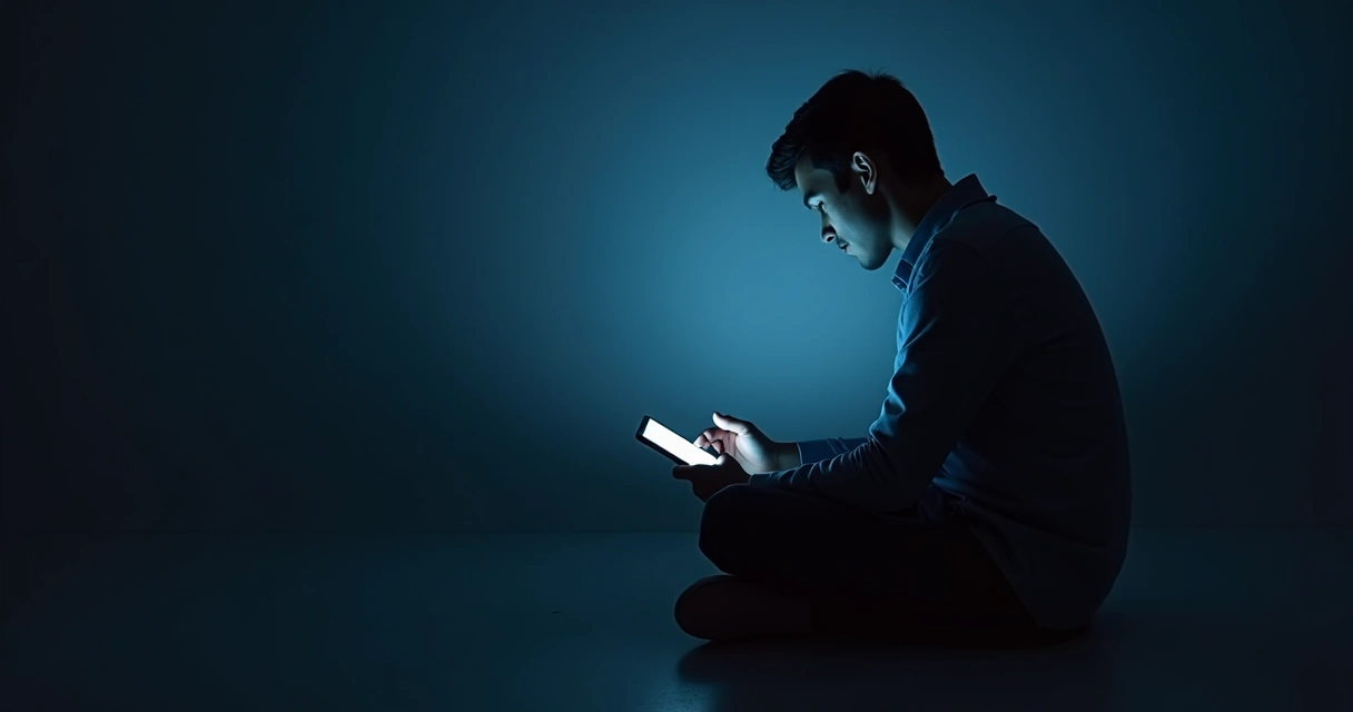 Silueta solitaria frente a pantalla de móvil en cuarto oscuro 
