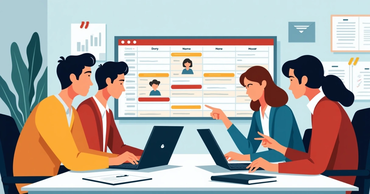 Equipe reunida solucionando ausência inesperada de colega. 