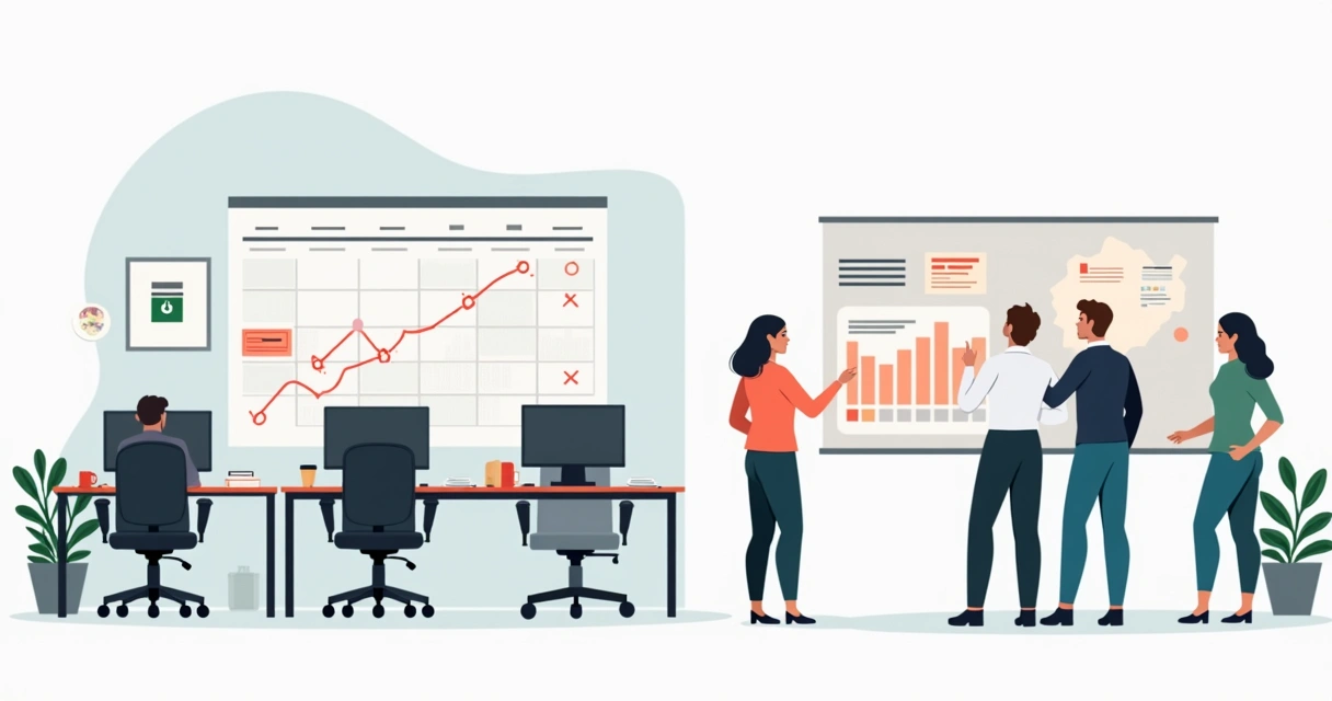 Ilustración de empleados ausentes contrastados con puestos vacíos en oficina corporativa 