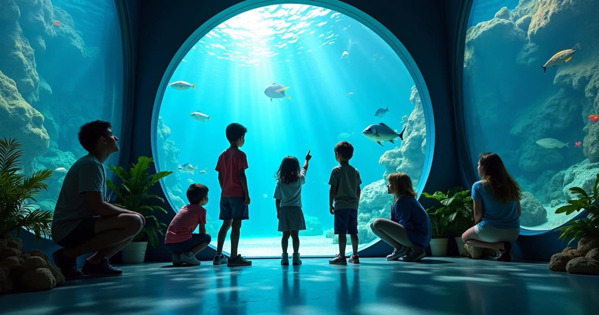 Children watching glowing saltwater fish tanks in a round blue dome exhibit.