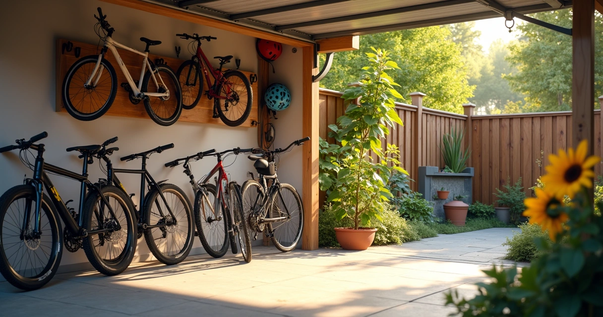 Family garage with organized bikes next to patio garden in Austin