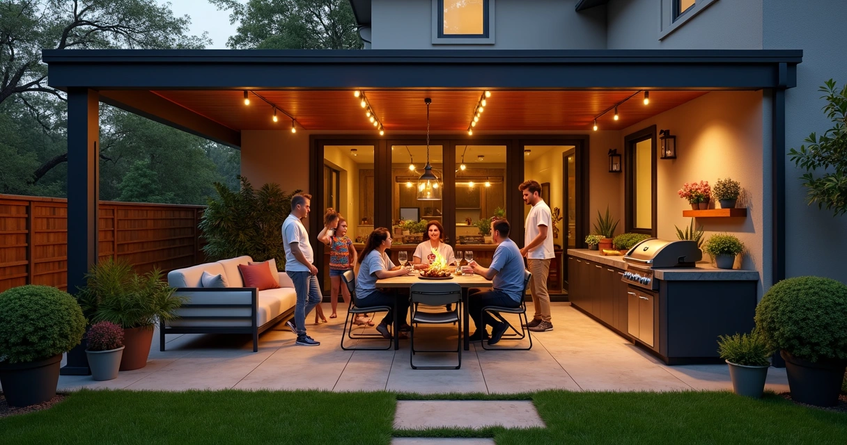 Austin family gathered in stylish backyard with grill