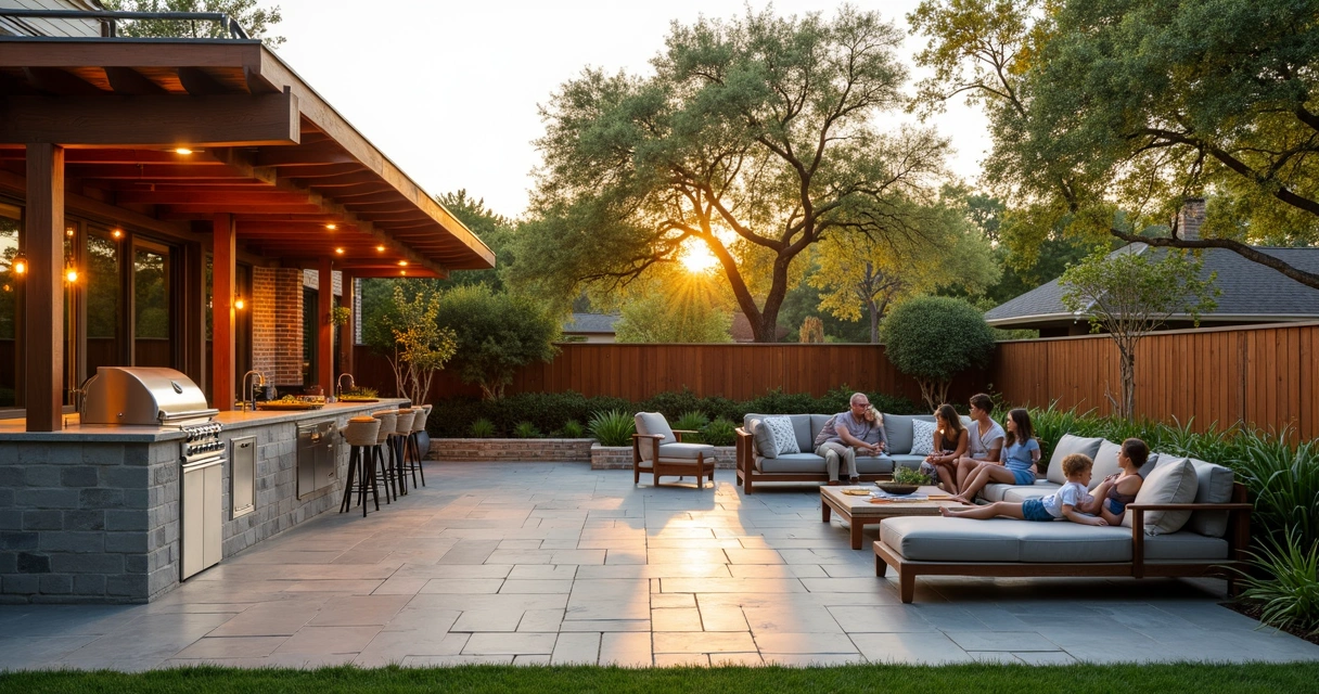 Modern Austin backyard patio with outdoor kitchen, pergola, and lush landscaping. 