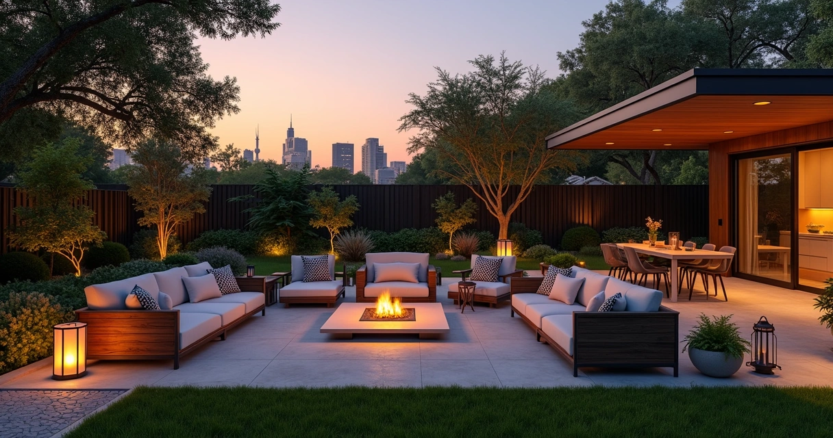 Outdoor living space at sunset with Austin skyline in background 