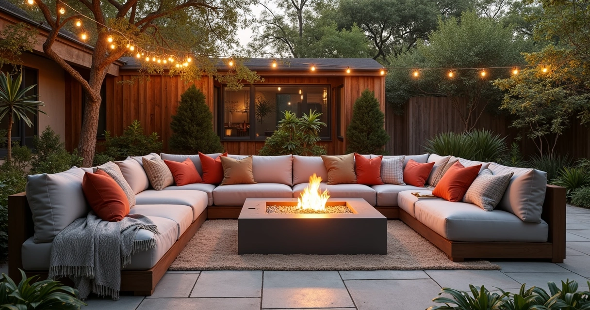 Modern Austin backyard with layered seating, fire pit, and native plants 