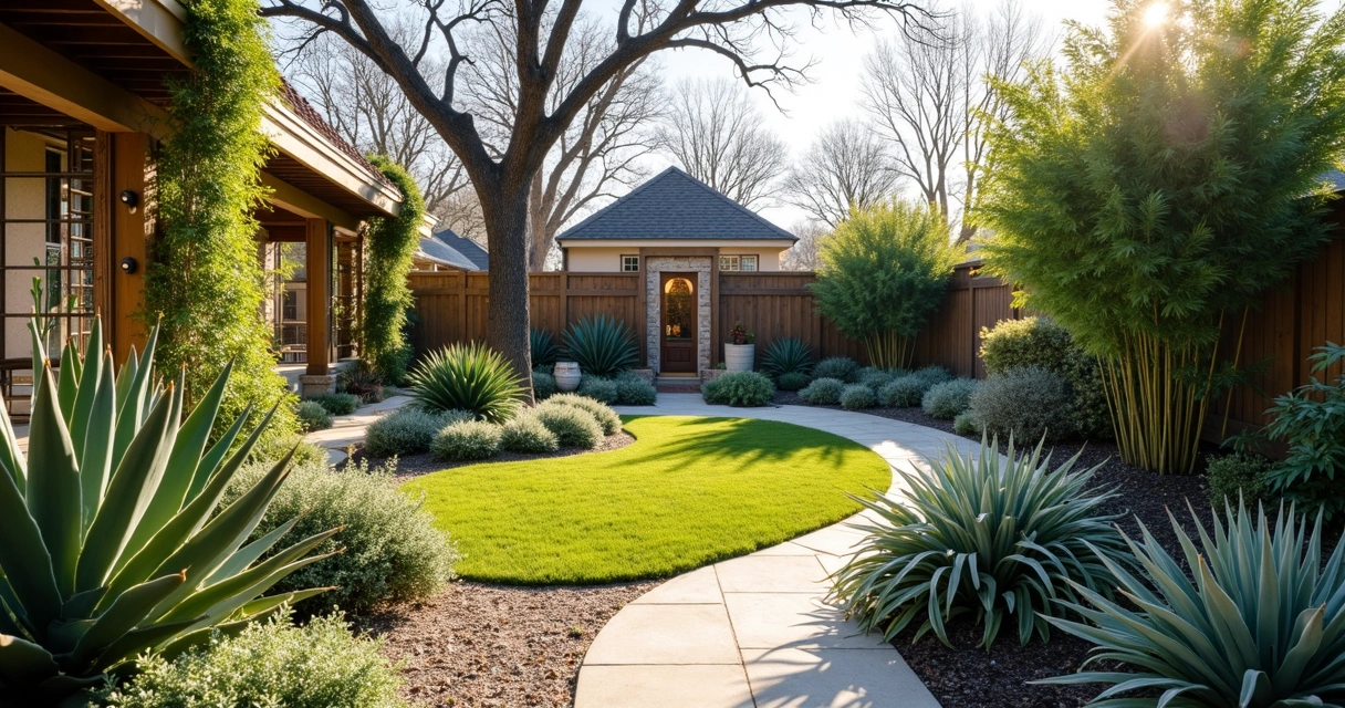 Austin backyard with crossvine, yucca, bird of paradise, silver ponyfoot, bamboo, and African iris in winter sun.