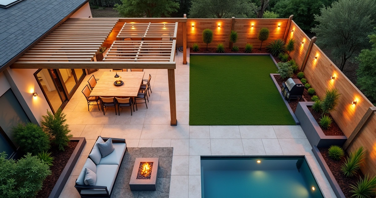 Top view of a backyard divided into lounge, dining, play, and garden zones.