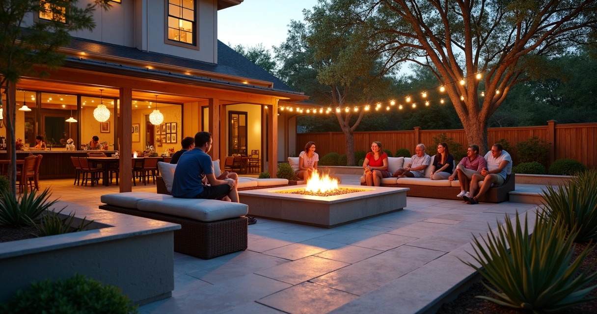 Outdoor entertaining area with fire pit and dining table