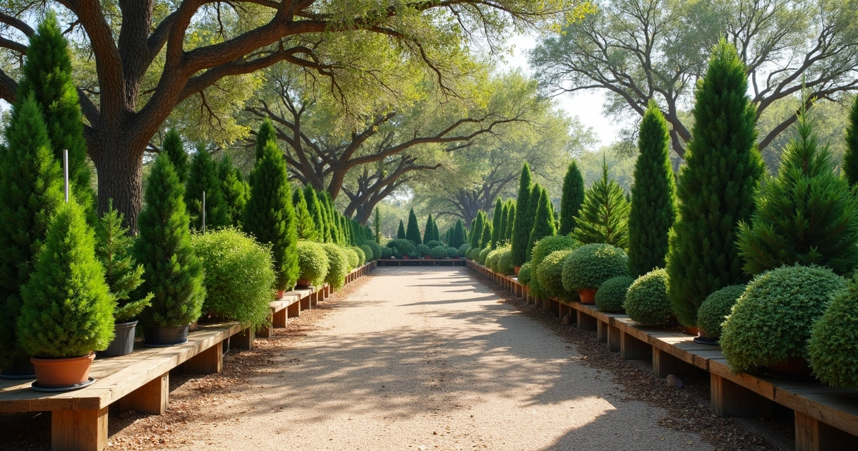 Selection of Austin evergreen plants and trees in a nursery