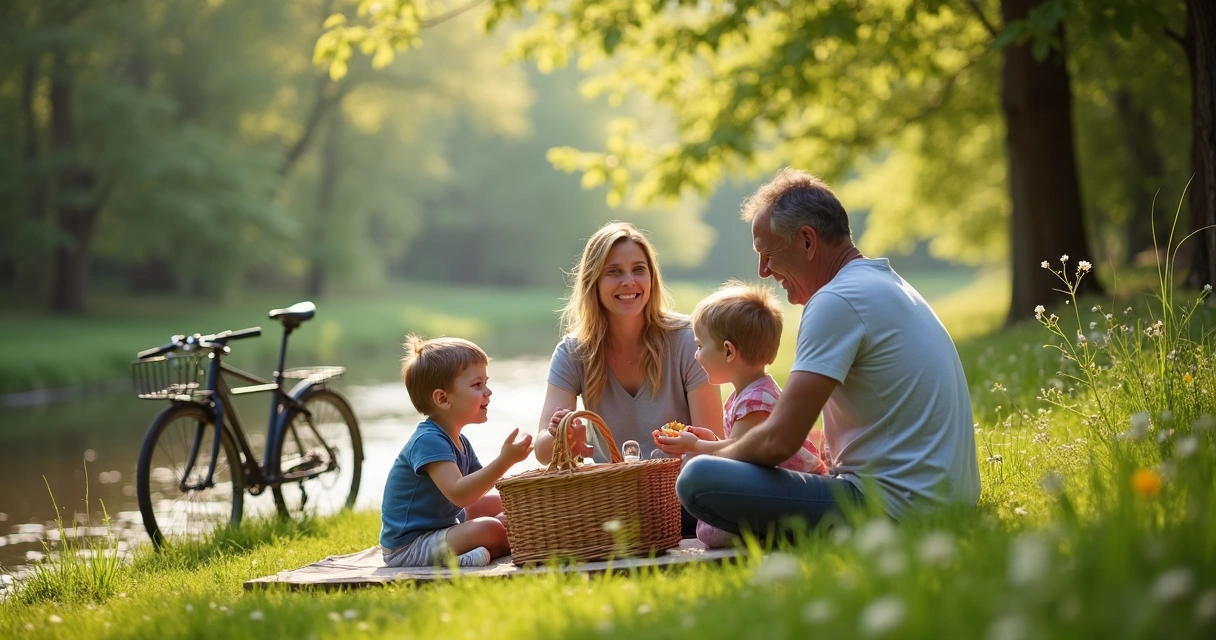 Family resting by creek on Austin bike trail sharing snacks
