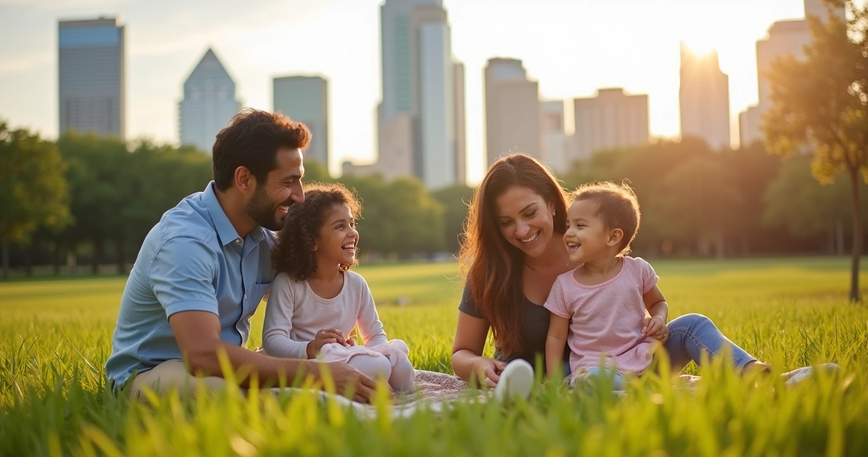 Family portraits session at Austin park with city skyline