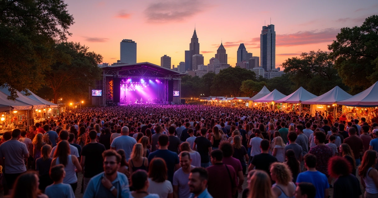 Festival crowd in Austin at sunset with music stage and skyline 