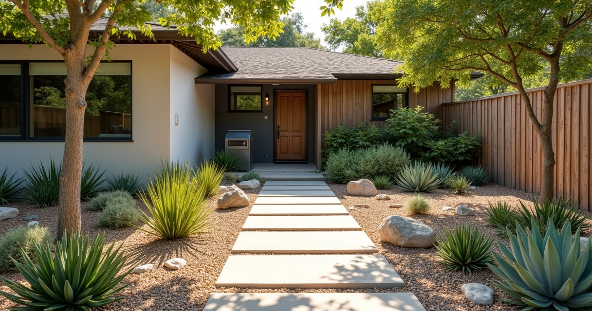 Modern front yard landscaping with succulents and native plants in Austin