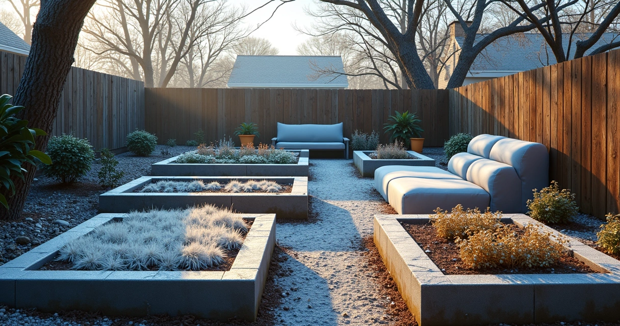 Frost on garden beds with frost cloth and mulch in Austin urban garden