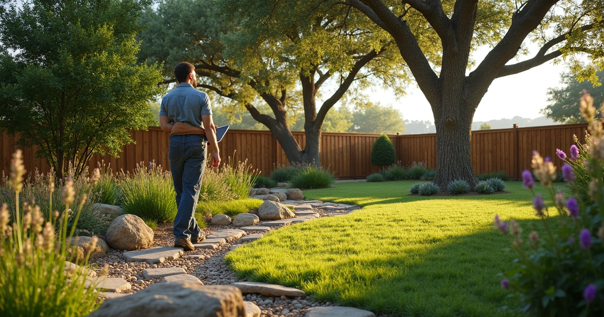 Landscape designer inspecting backyard in Austin