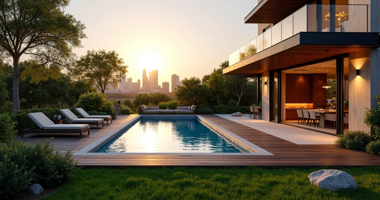 Modern backyard with Austin skyline in distance