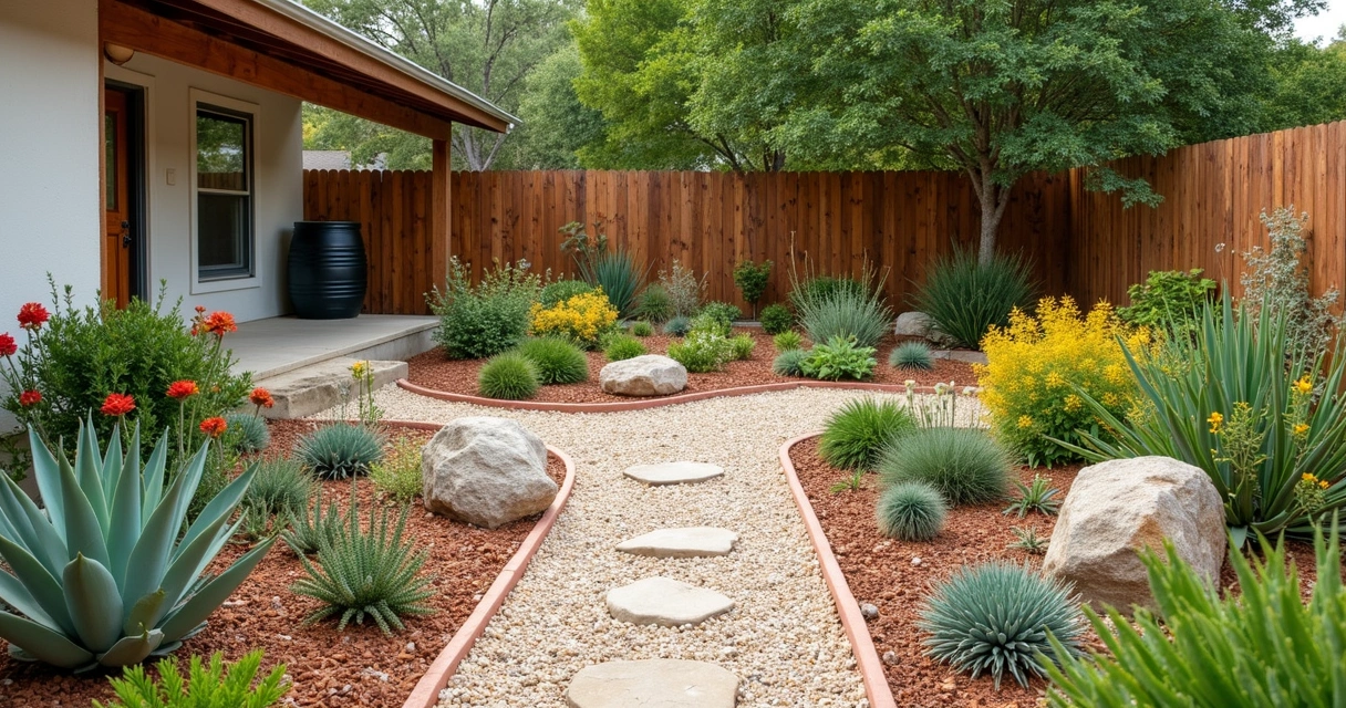 Colorful Austin garden with native drought-tolerant plants and gravel beds