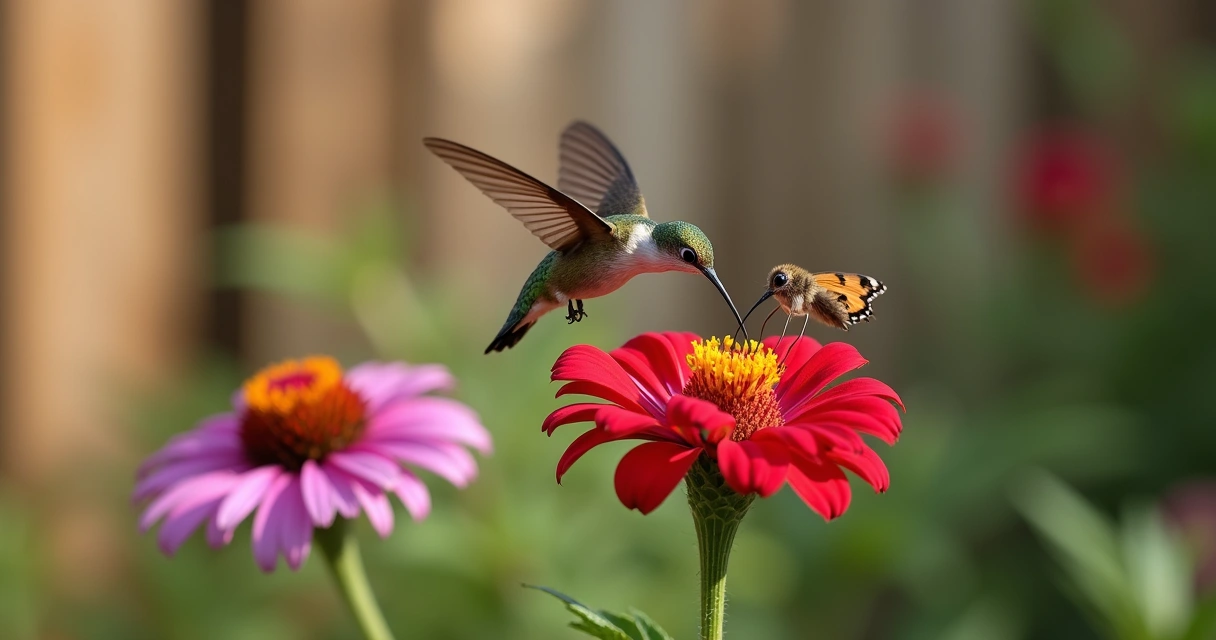 Hummingbird and butterfly around Texas native flowers 