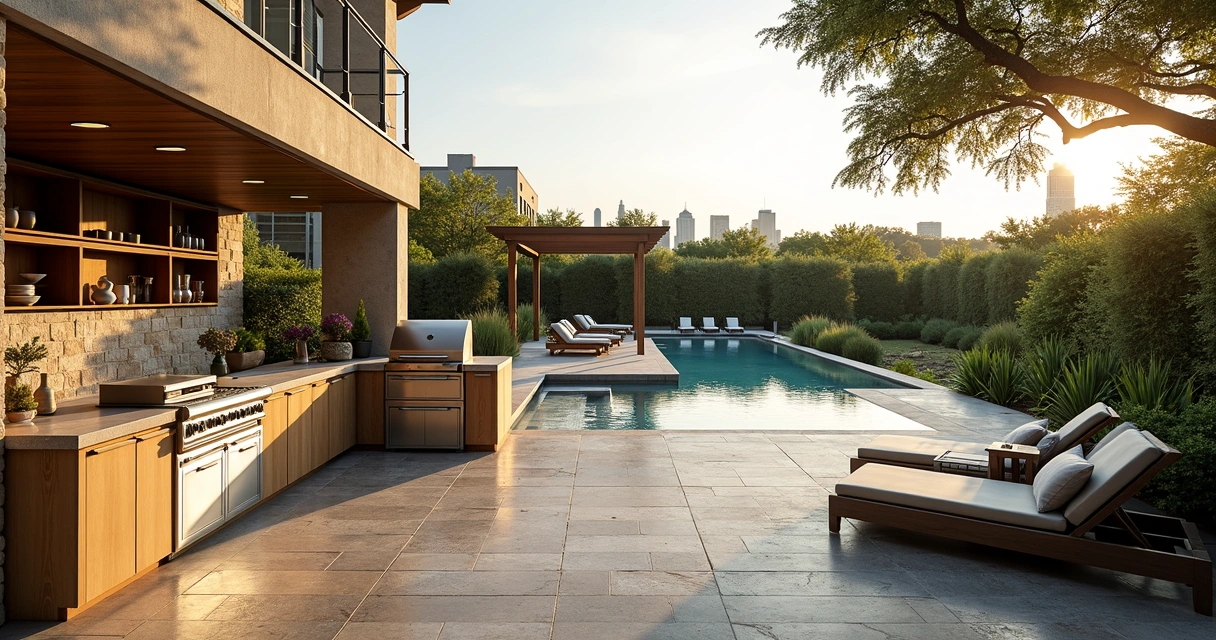 Luxury Austin backyard with a modern kitchen, pool, lounge area, and city skyline at dusk