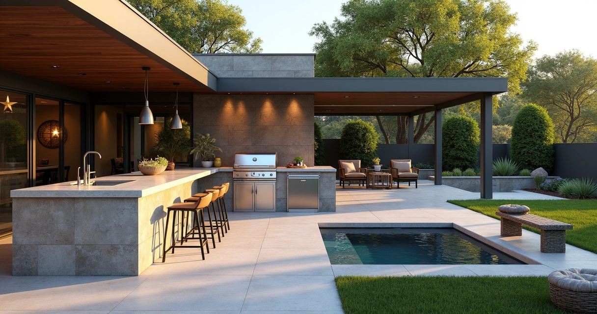 Modern outdoor kitchen with grill and bar seating in spacious backyard 