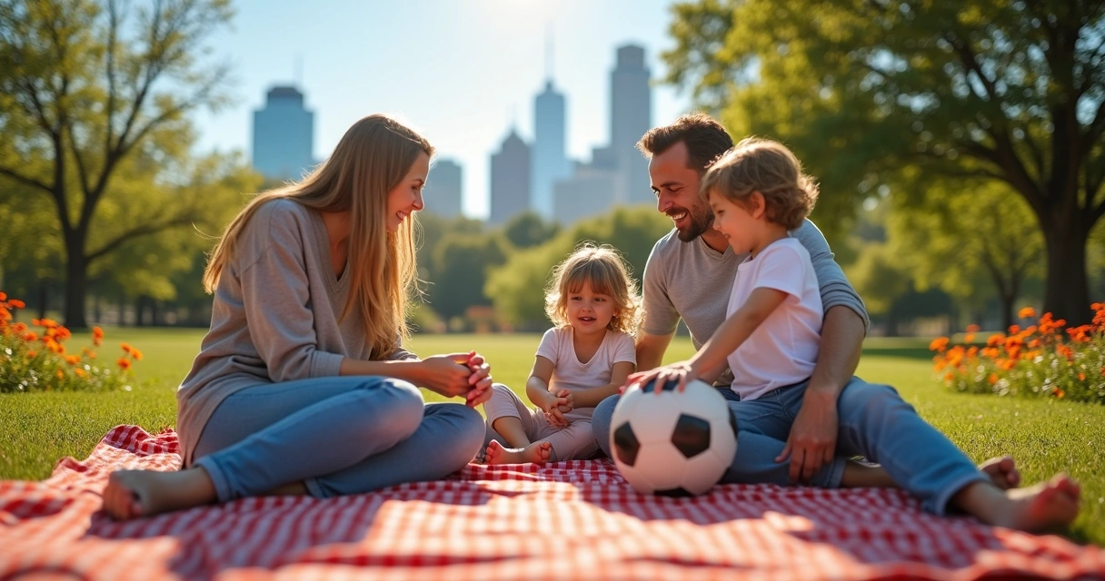 Family having a picnic on green grass at Austin park