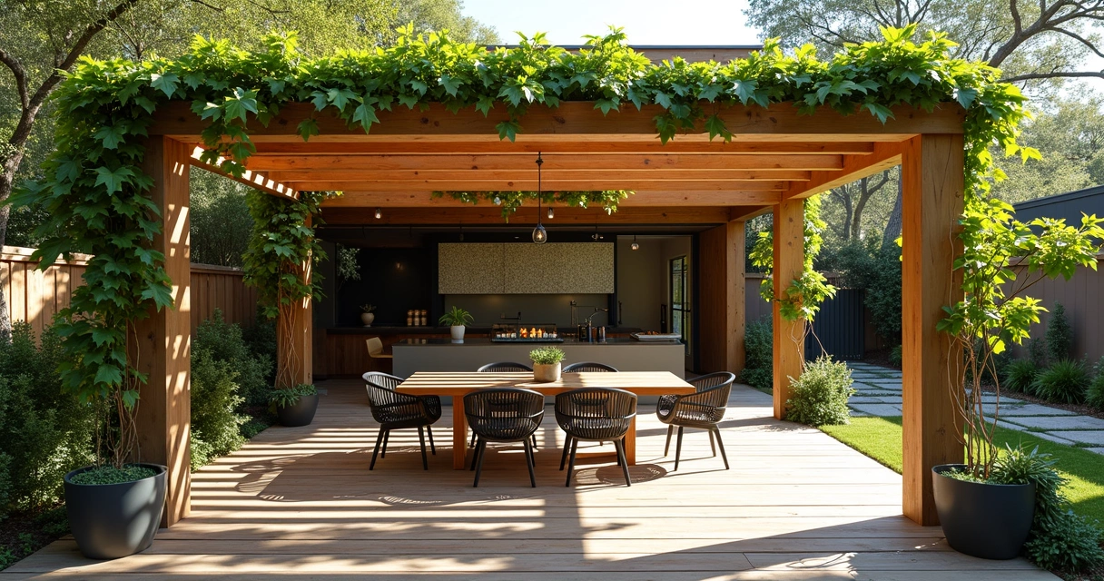 Modern pergola shading dining area with vines and wooden deck in Austin backyard