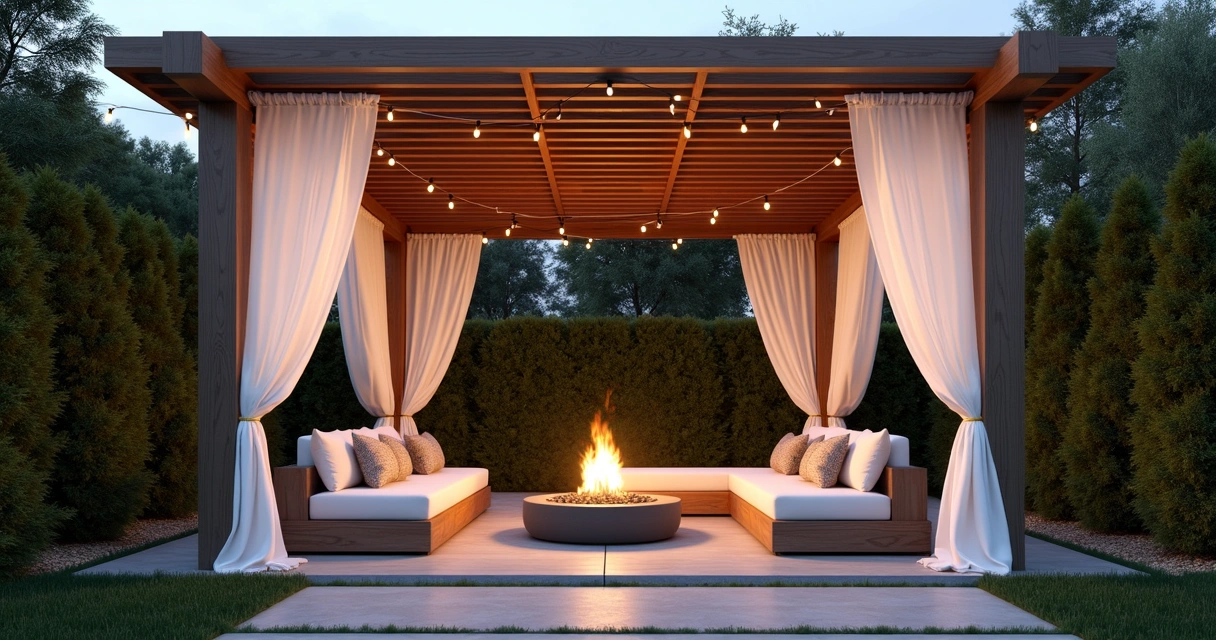 Modern pergola with lounge area and lush greenery in a stylish backyard