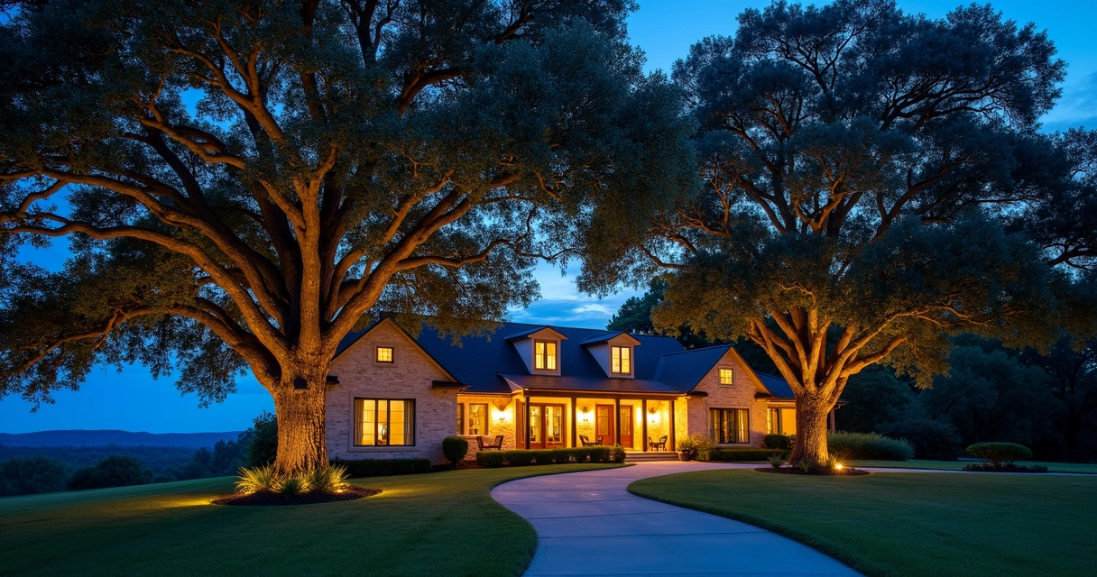 Austin property with dramatic landscape uplighting