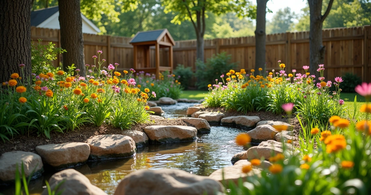 Rain garden with native plants in Austin backyard