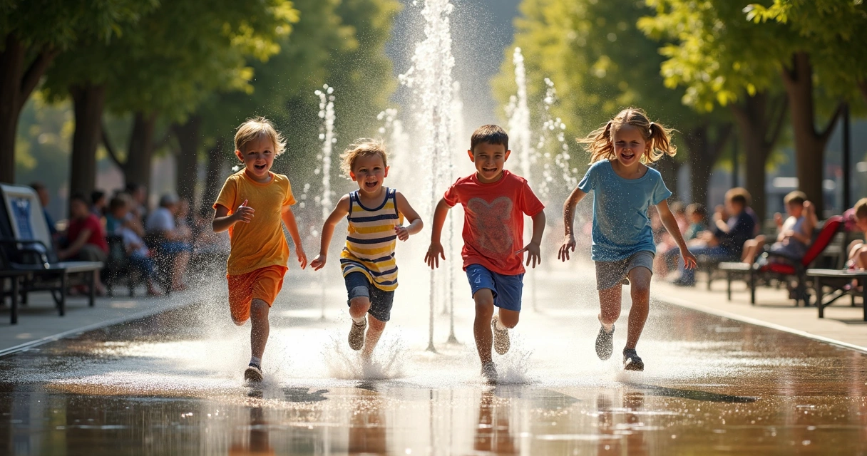 Kids laughing and playing at a spray park with water jets and trees surrounding the area.