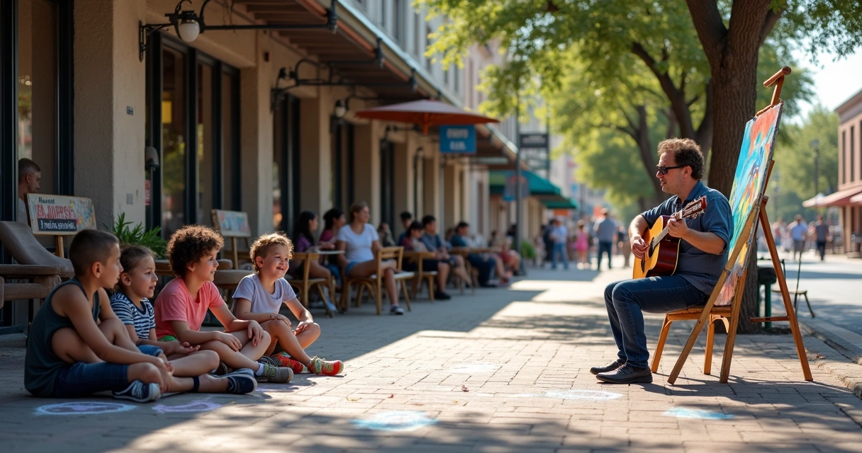 Children watching street musician and chalk artist in Austin urban setting.