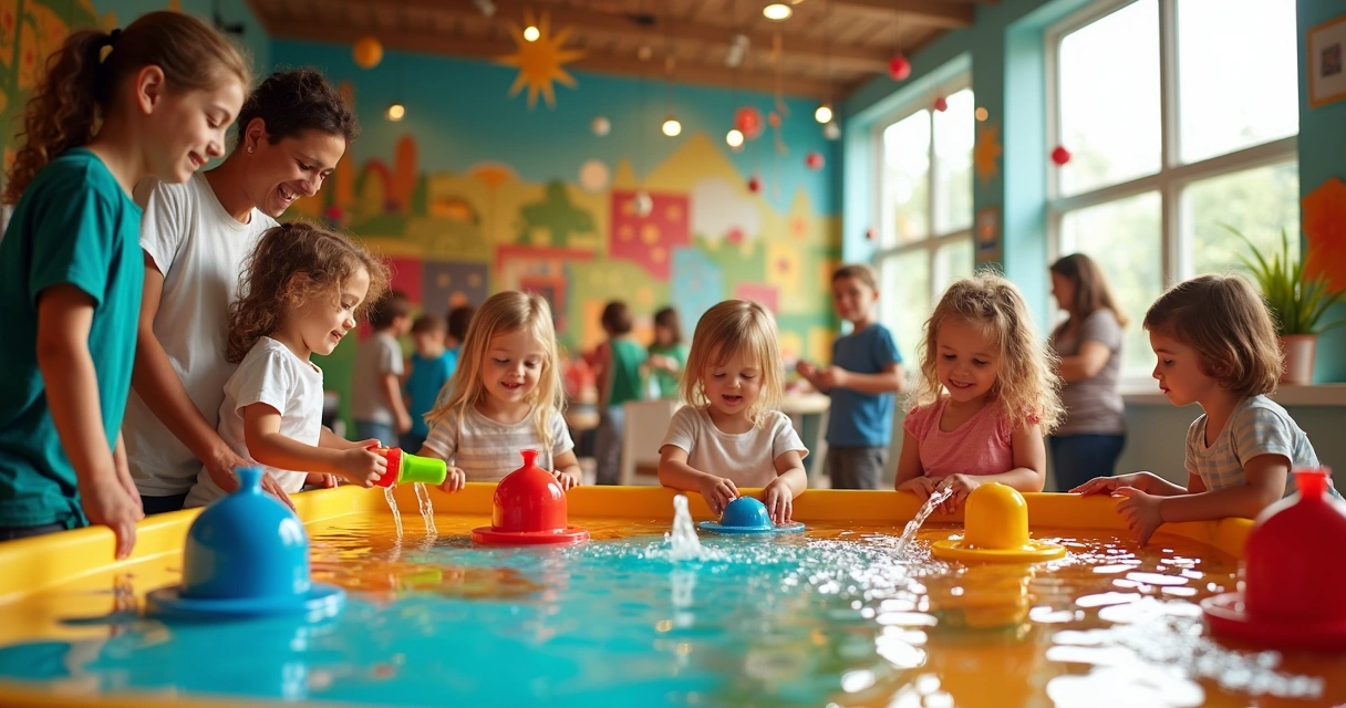 Children at interactive water exhibit in Austin Thinkery museum.