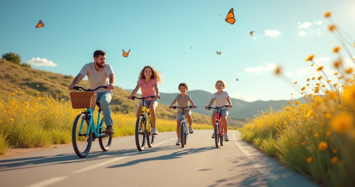 Family riding bikes on the Veloway trail surrounded by wildflowers