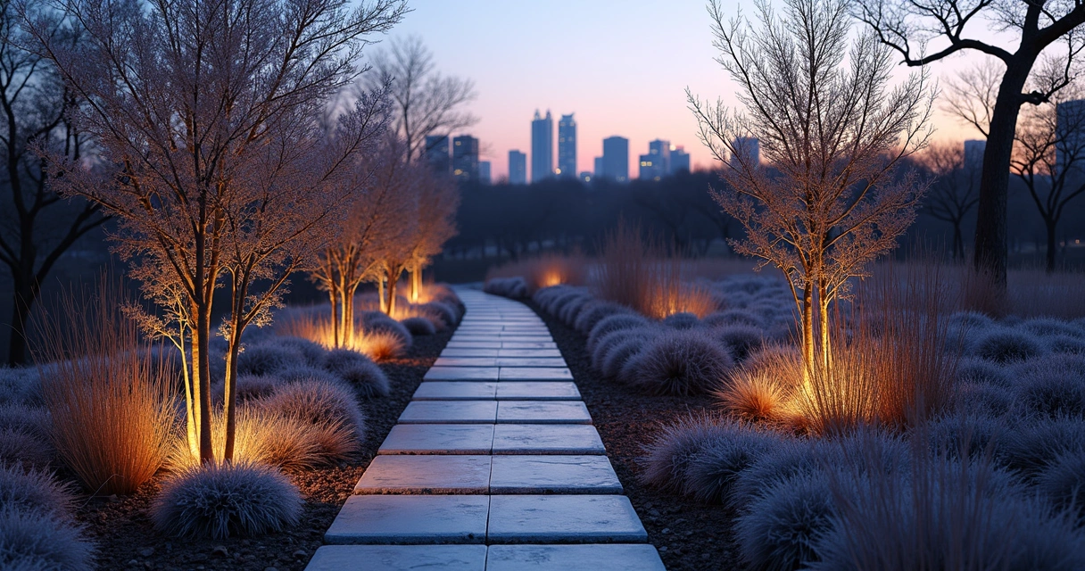 Austin winter garden with landscape lighting and dormant plants