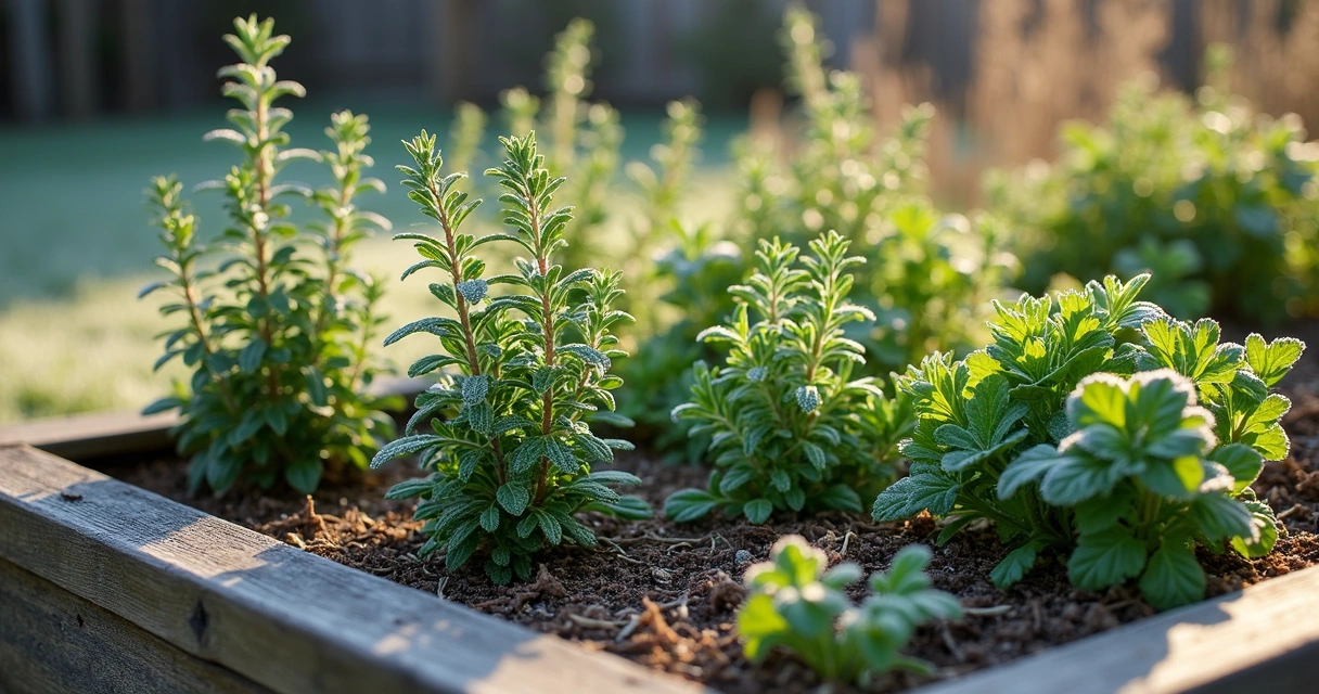 Raised bed garden herbs in Austin winter