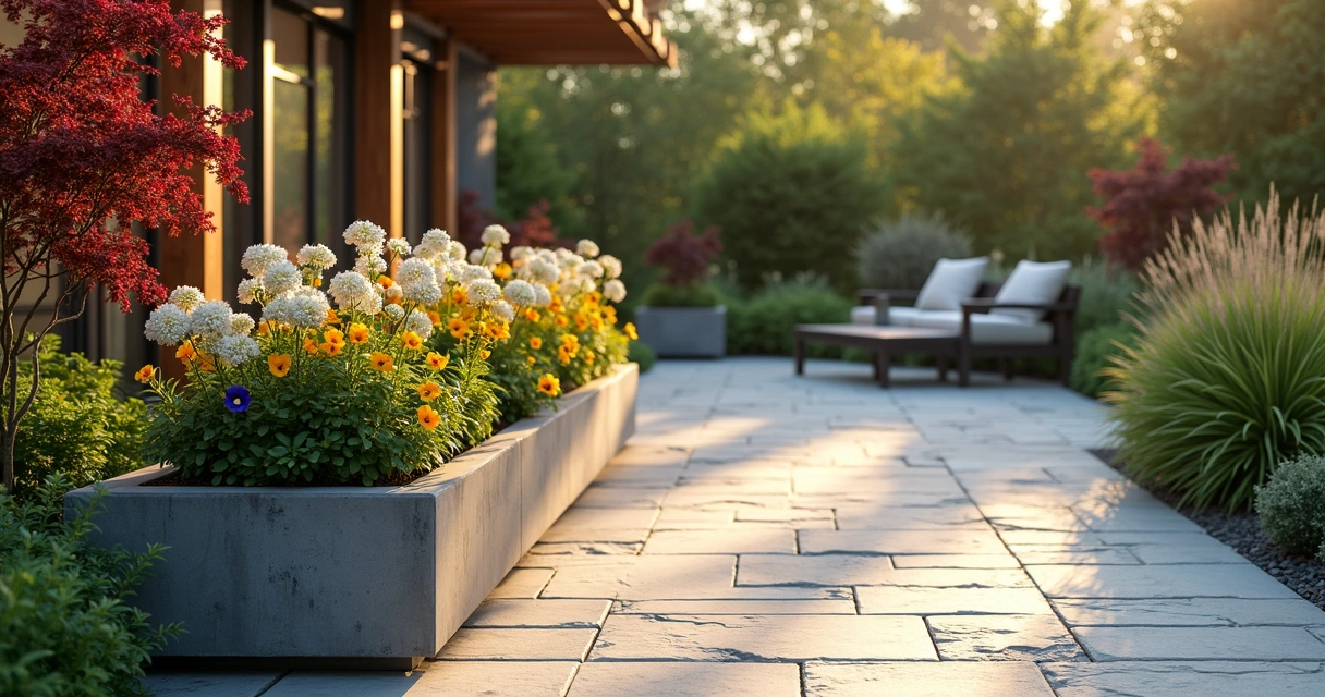 Colorful flowers and shrubs in winter garden by patio