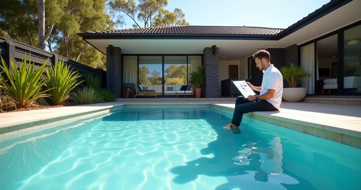 Australian backyard pool with owner using a tablet app 
