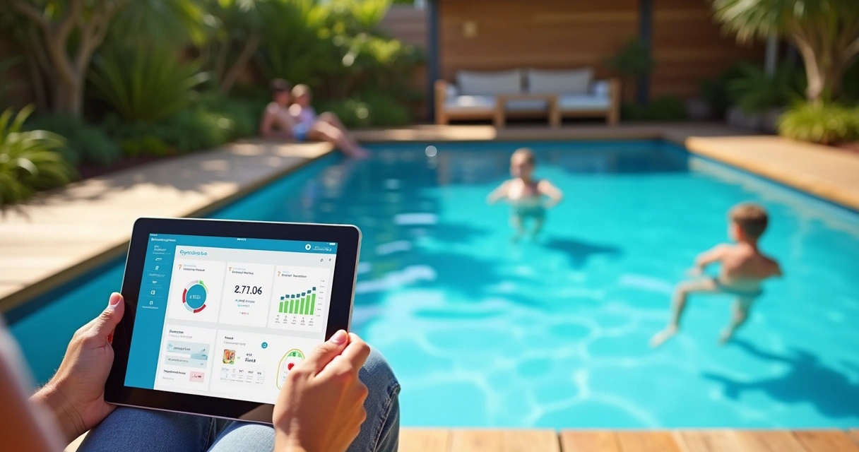Australian backyard pool with a user reviewing a pool care app on a tablet