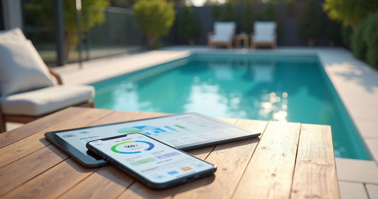 Phone showing smart pool app dashboard beside modern Australian backyard pool 