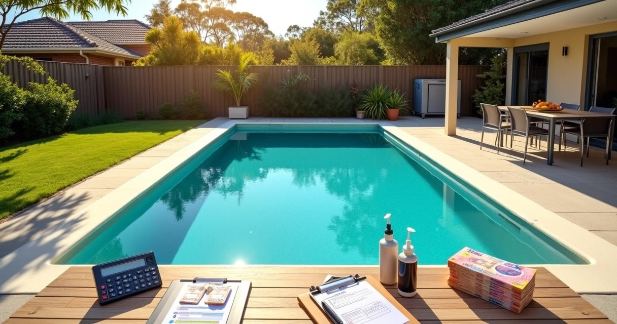 Australian backyard pool with bills, calculator and energy icons around it 