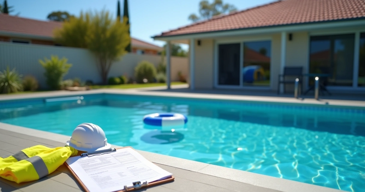 Australian backyard pool with chlorine floater and safety inspector checklist 