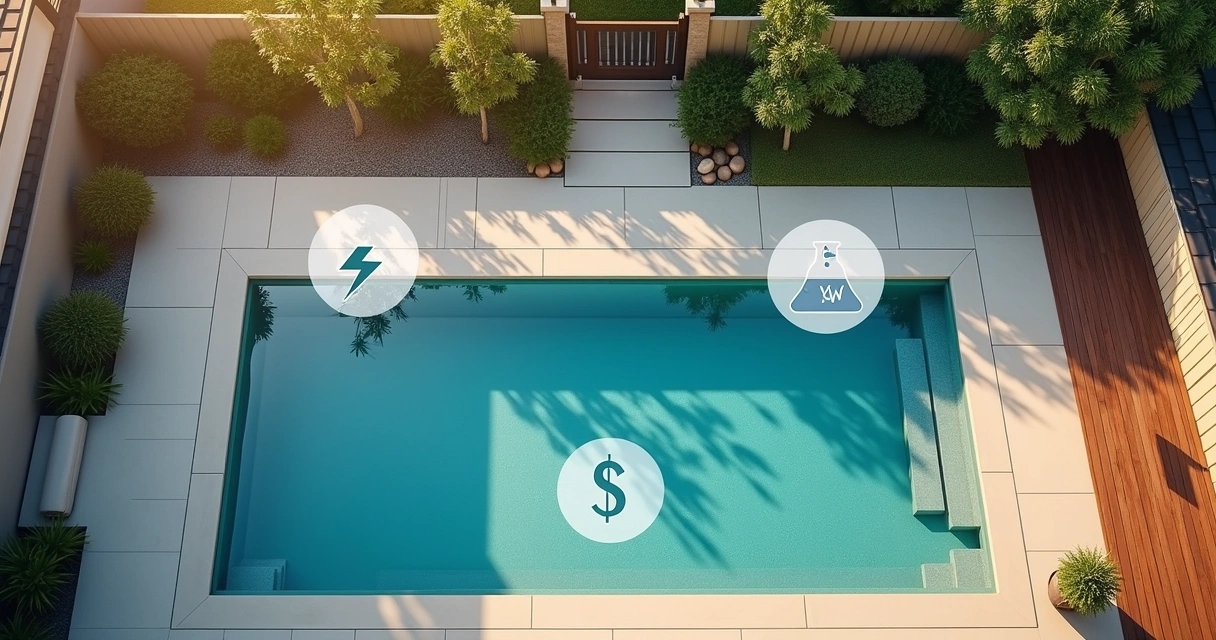 Australian backyard pool with floating cost icons for electricity chemicals and water 