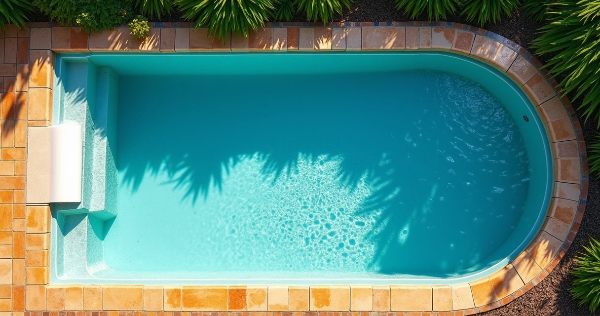 Blue backyard pool with visible waterline, sunlight overhead, pool cover partially rolled, lush plants nearby 