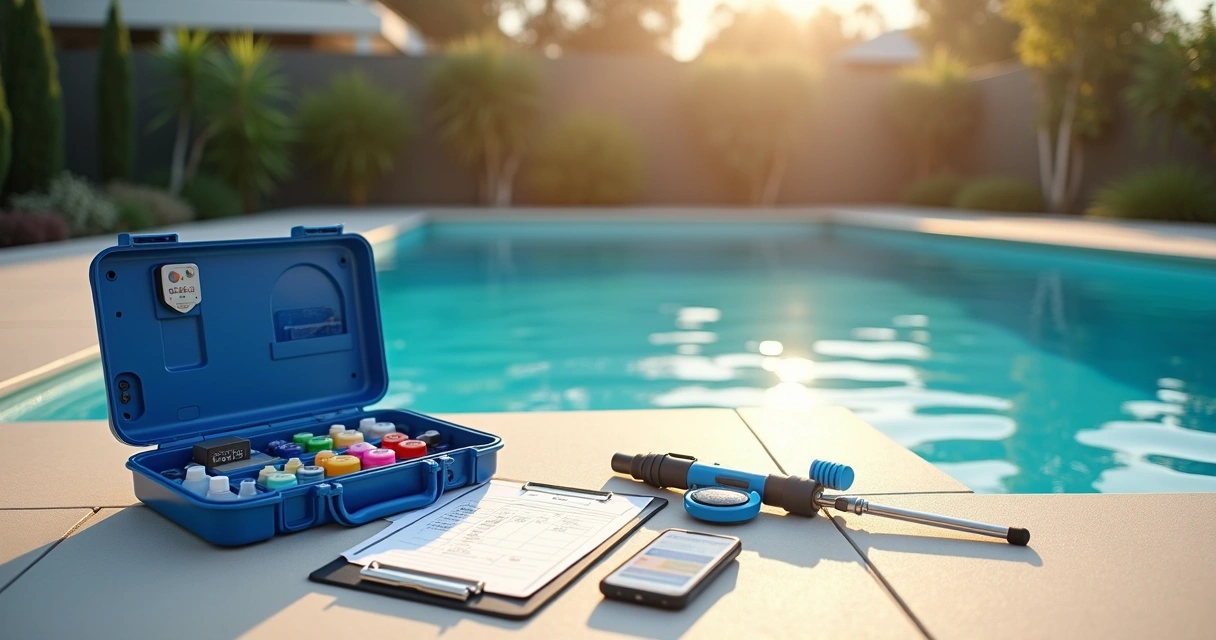 Neatly arranged pool maintenance tools beside a clean Australian backyard pool 
